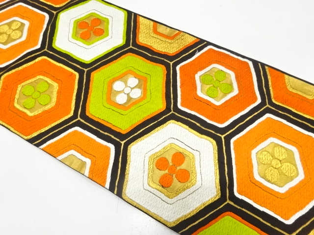 アンティーク　花亀甲模様織り出し袋帯（着用可）